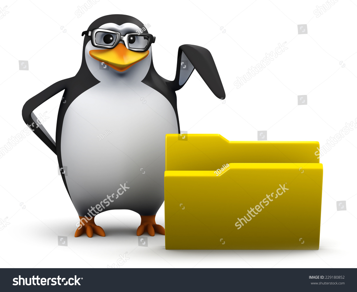 3d render of a penguin pointing at an empty folder.