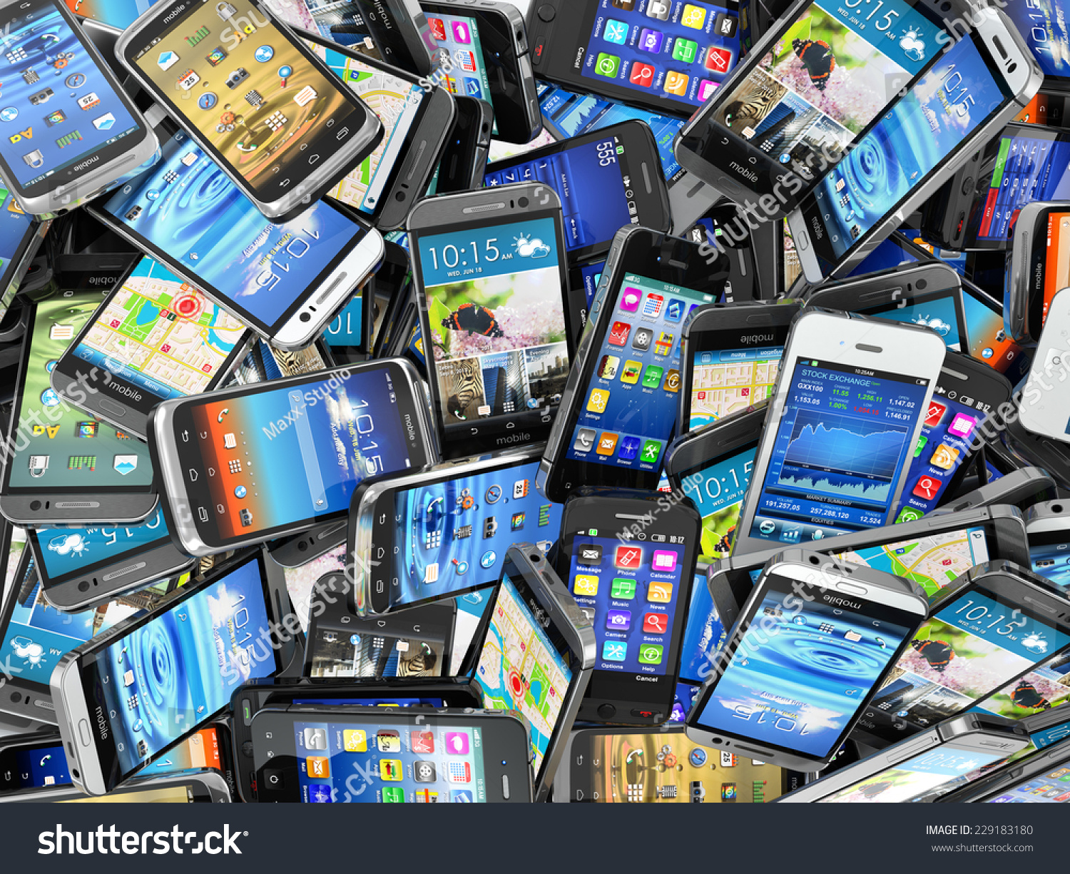 Mobile phones background. Pile of different modern smartphones. 3d
