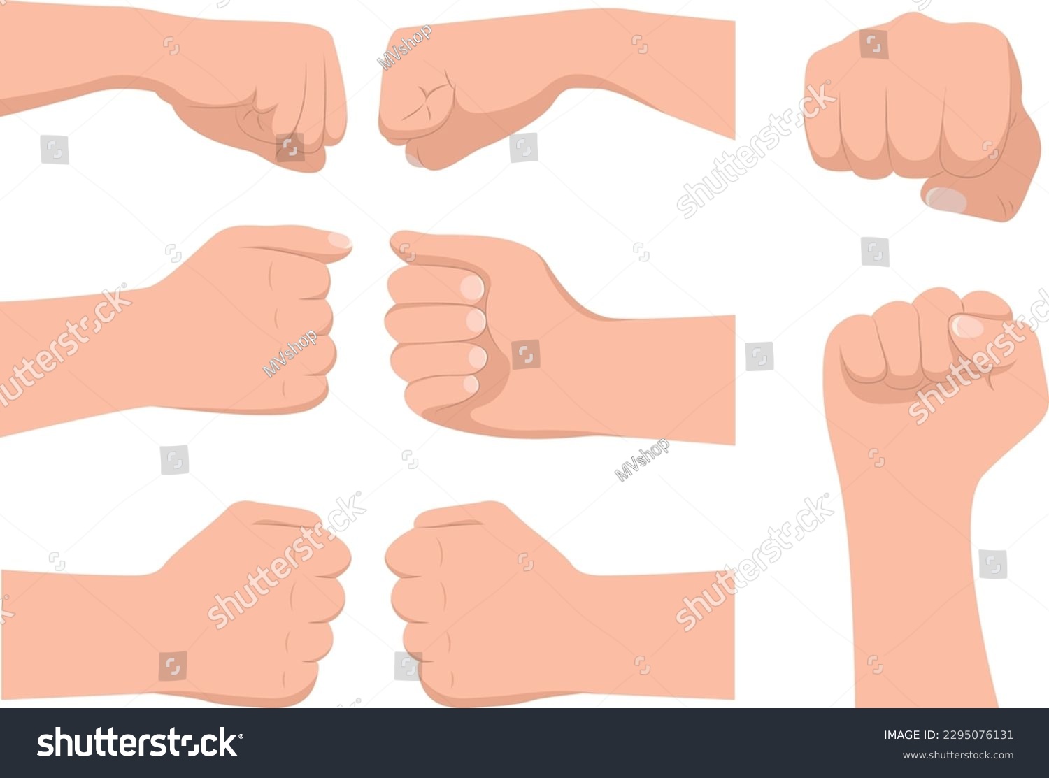 Set of hand gestures in cartoon style. Vector illustration of various greeting hand gestures: friendly fist bump  victory clenched fist isolated on white background. Greeting each other.