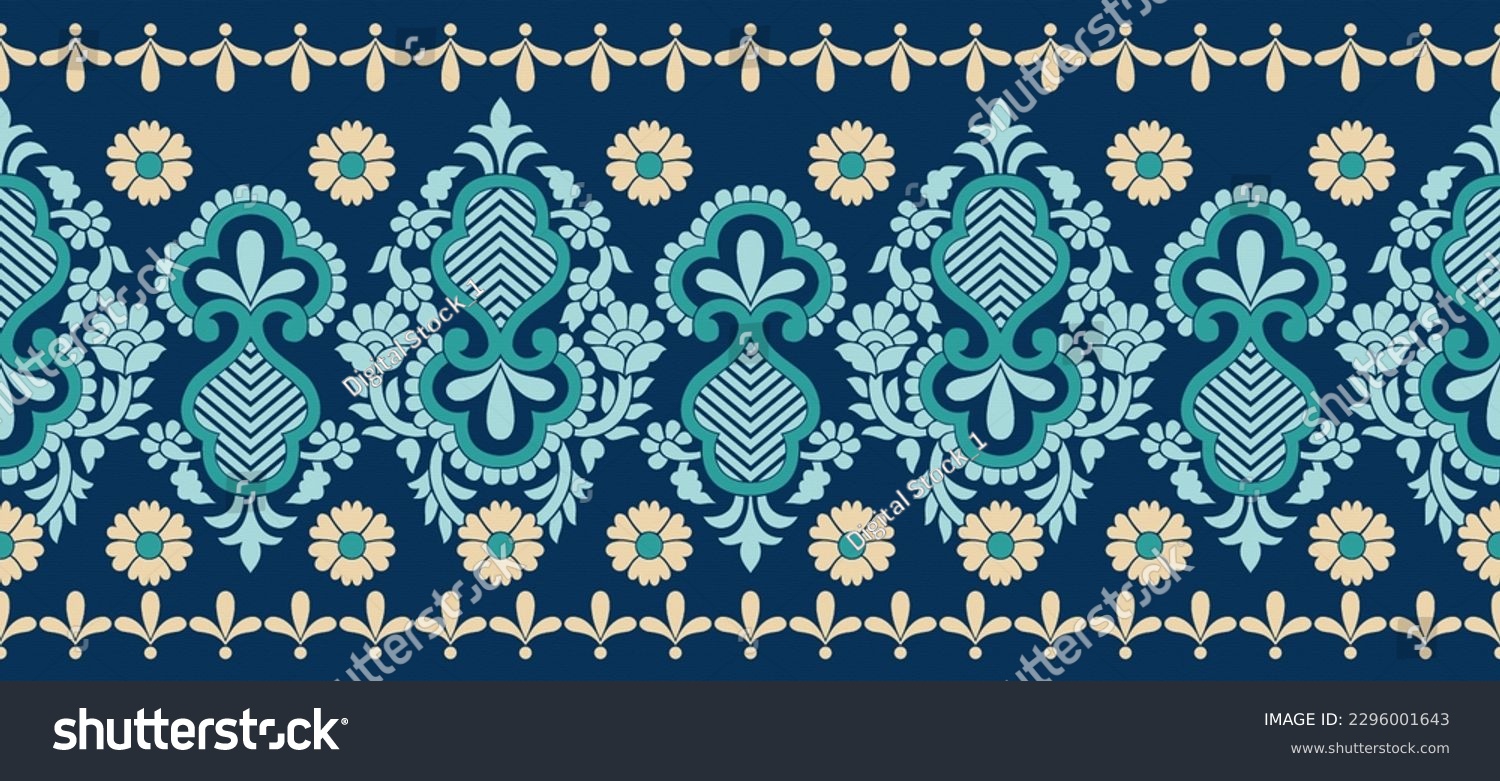 Textile digital design motif and borders decor for ikat ethnic rugs abstract backgrounds ornament style pattern print for women clothes shirt digital dupatta on fabric.Islamic and urban wallpapers etc