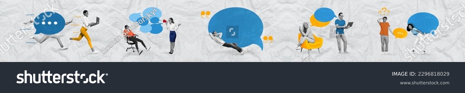 Panorama minimal collection template collage of young people communicating messages chatterbox announcement isolated on gray color background