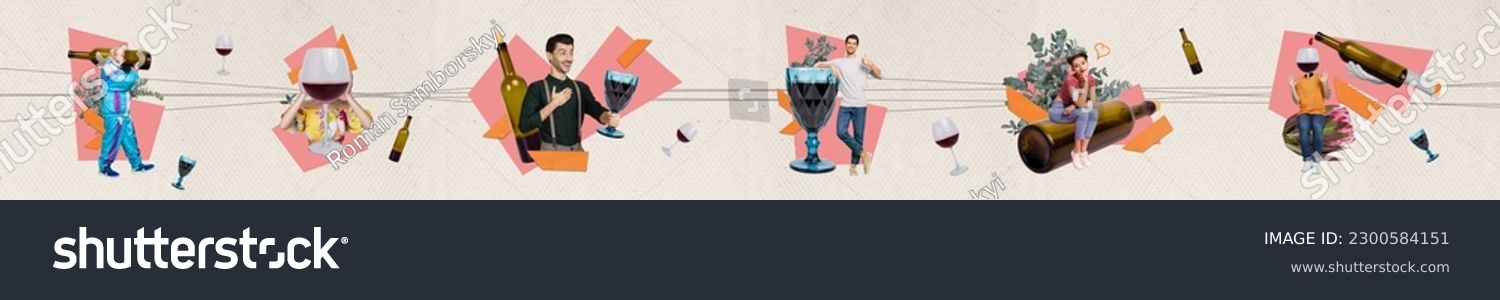 Poster banner collection collage of different people prepare for festive event celebration drink alco merlot wine liquid