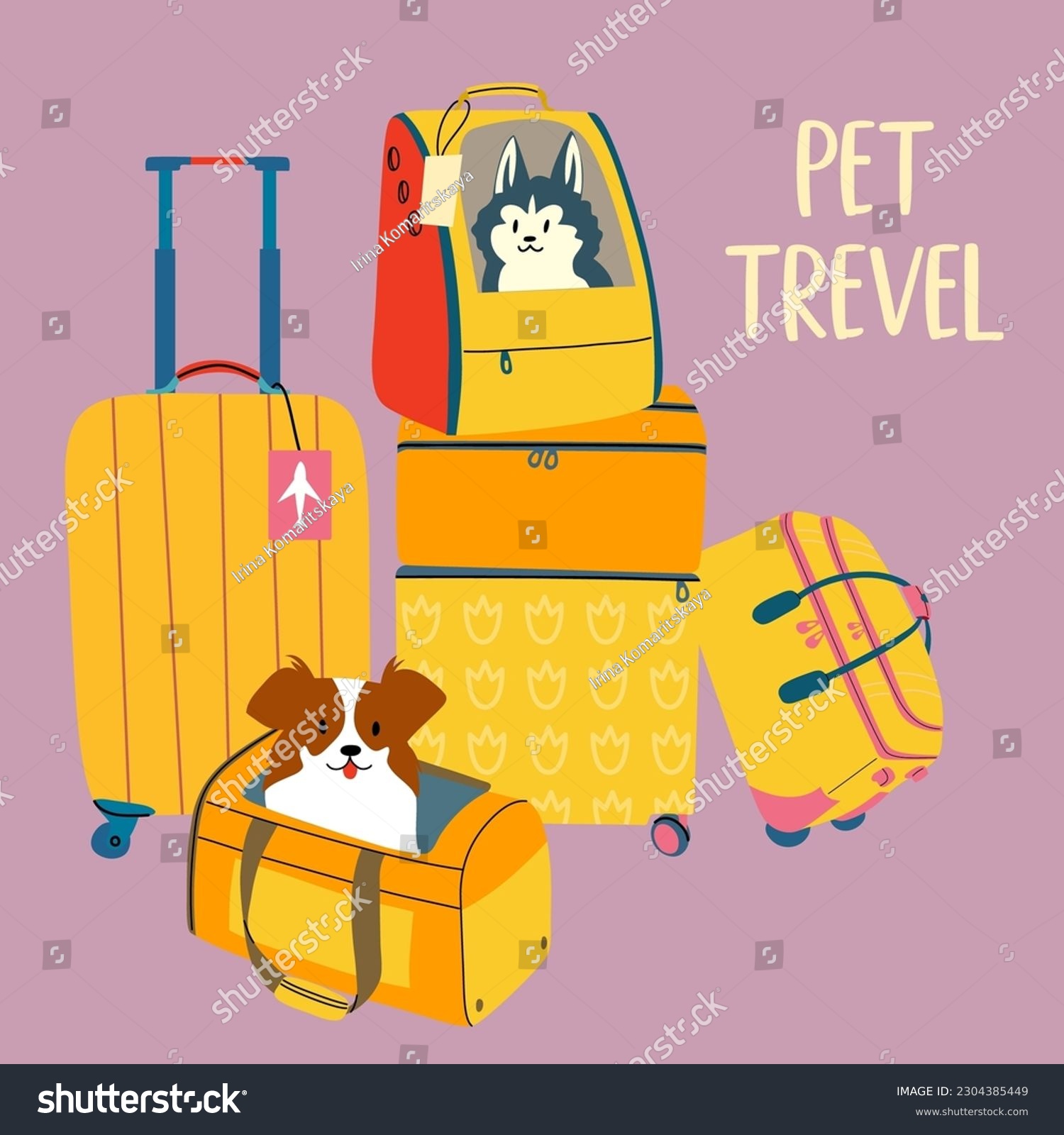 Illustration of the concept of traveling with pets. Transportation of pets. luggage and bags for animals.