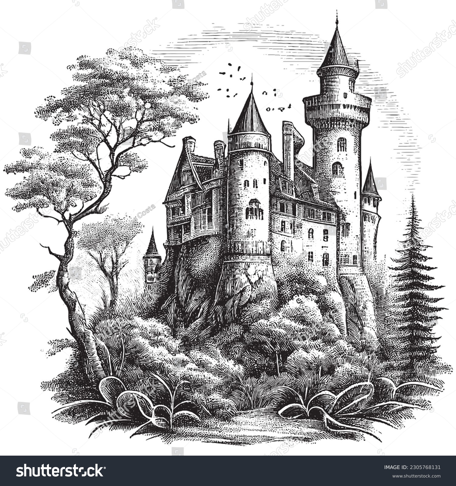 Hand Drawn Engraving Pen and Ink Castle Vintage Vector Illustration_站酷海 ...