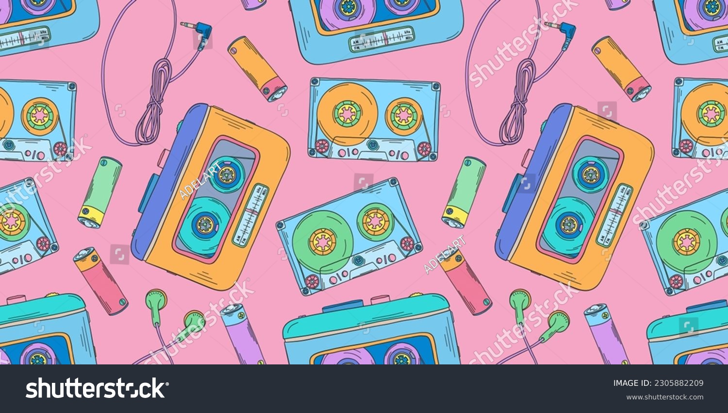 Personal cassette player pattern. 2000s portable music player  cassette  headphones  battery. Y2k trend. Retro background. Nostalgia for the 90s and 2000s.