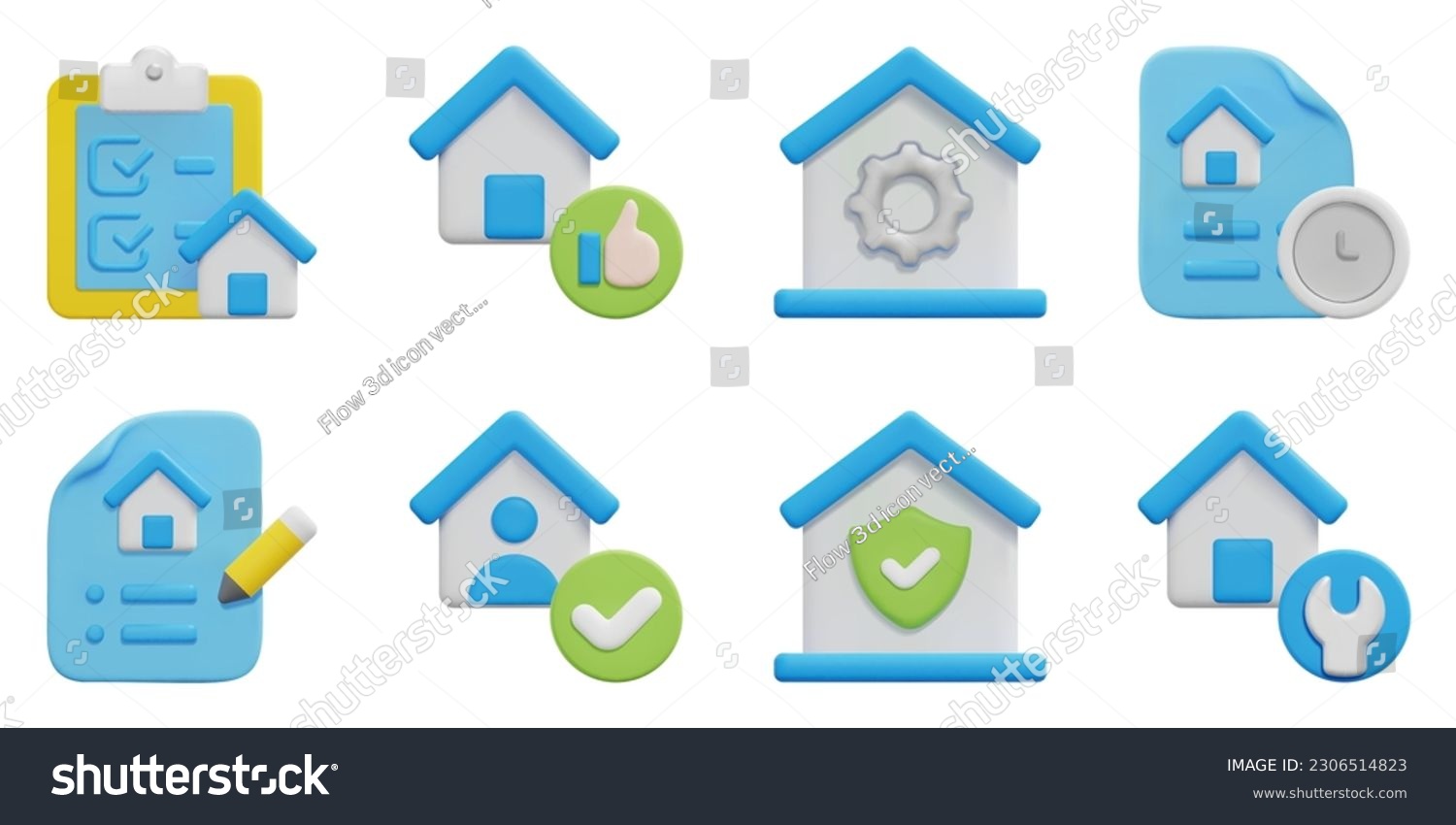 Rental property 3d vector icon set. Checklist  choice  management  clock  contacts  tenant  security  house repair. Isolated on white background. 3d icon vector render illustration.