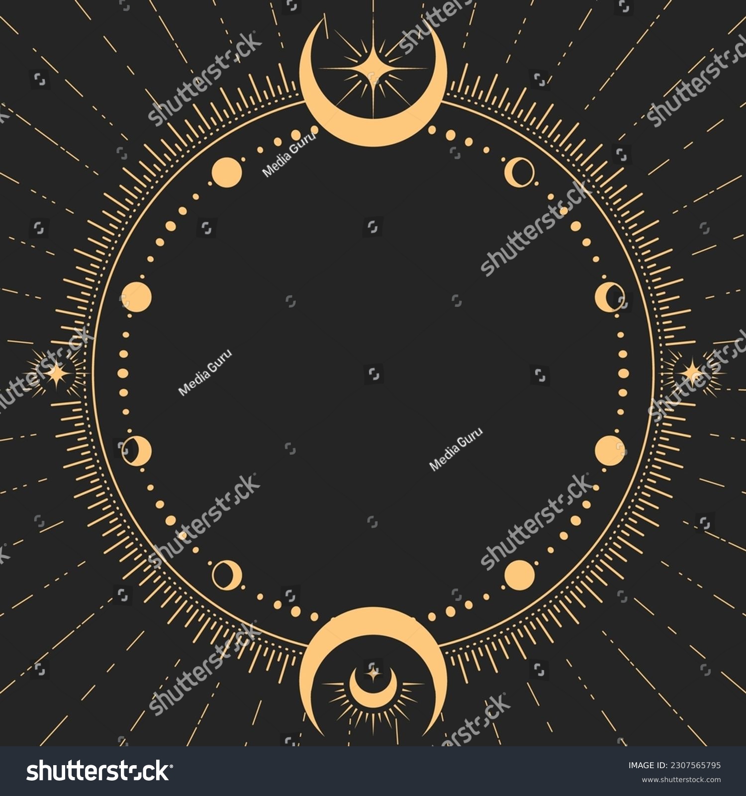 Mystic round frame with lunar phases  tarot magic and astrology border moon decor  vector