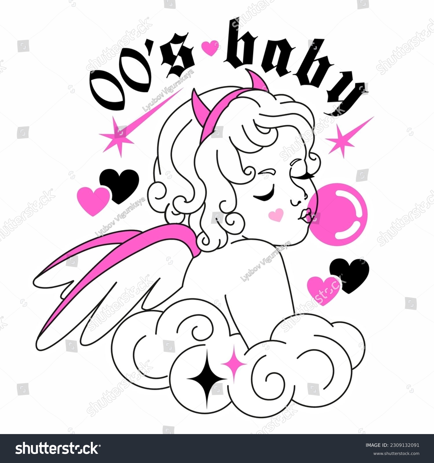 Glamour 00's baby angel with bubble gum. Y2K gothic aesthetic cupid. Cute glam goth girl with pink wings  funny horns  hearts. Fun weird character and slogan. 90s  00s graphic  anti valentine style.
