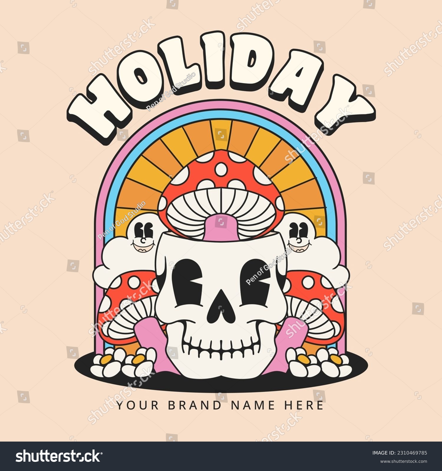 skull with mushroom retro groovy cartoon character illustration