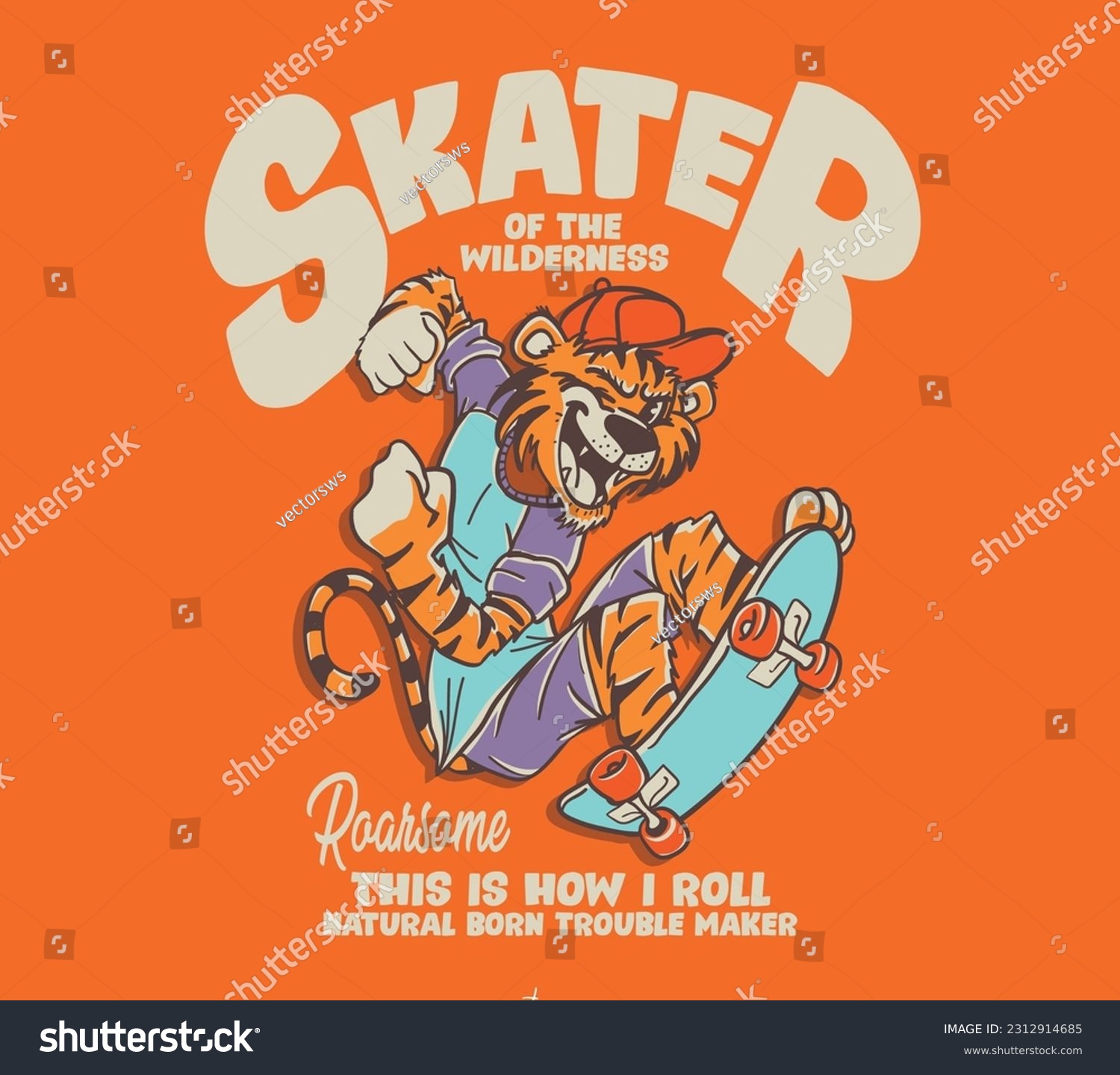 vector skating cartoon tiger illustration for t shirt print