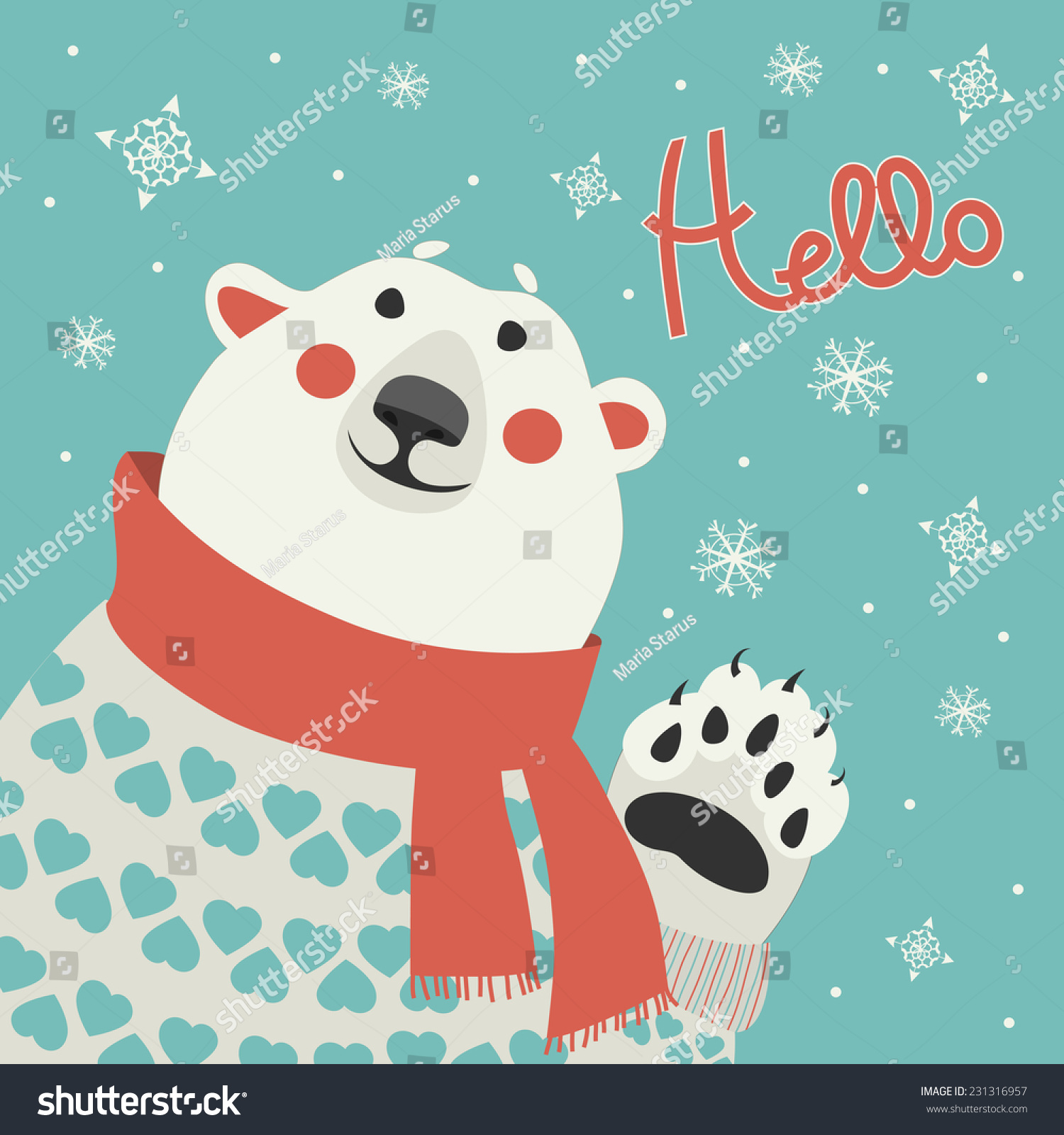 Polar bear says hello at vector greeting card