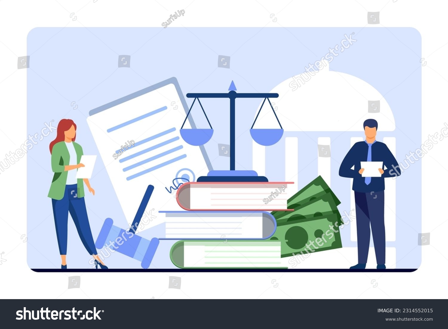 Tiny lawyers with contracts or taxes vector illustration. Cartoon drawing of big scales and gavel  legal workers managing government spending. Finances  economy  law  taxation concept