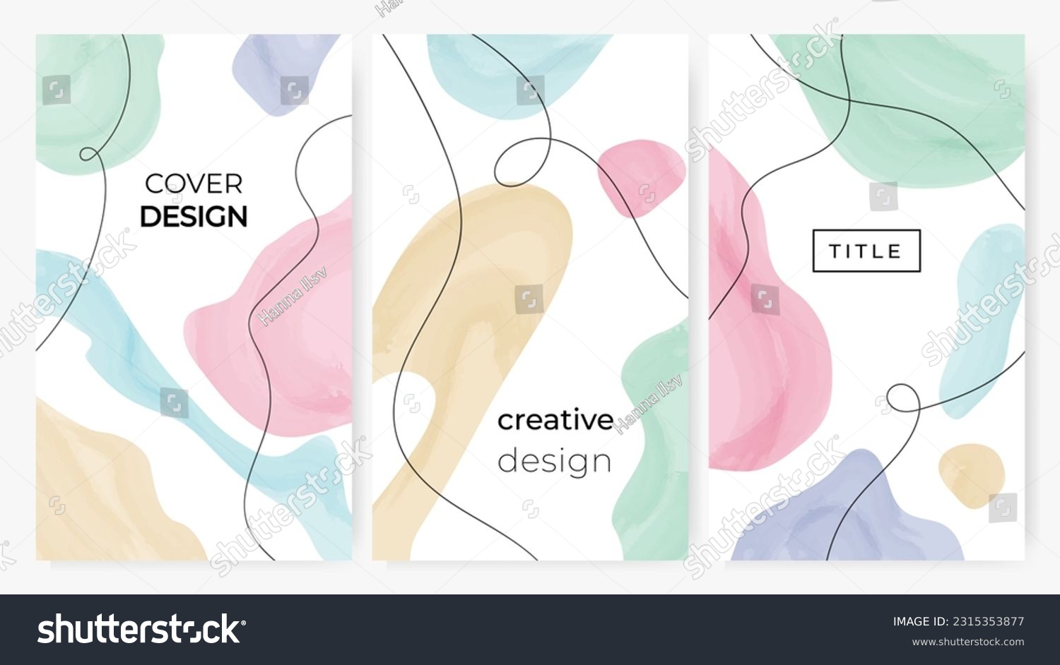 Set of abstract backgrounds in pastel colors. Hand drawn doodle various shapes with text. Modern trendy vector illustrations. 