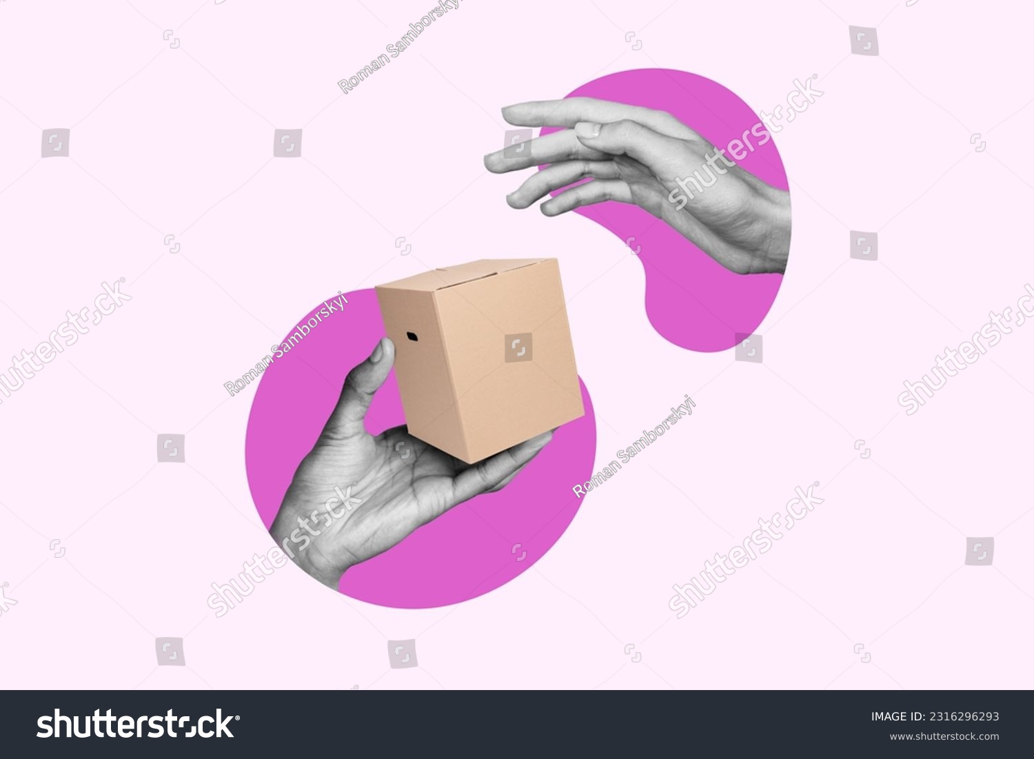 Template advert collage of two hands people shopper consumer deliver receive order box fast delivery concept