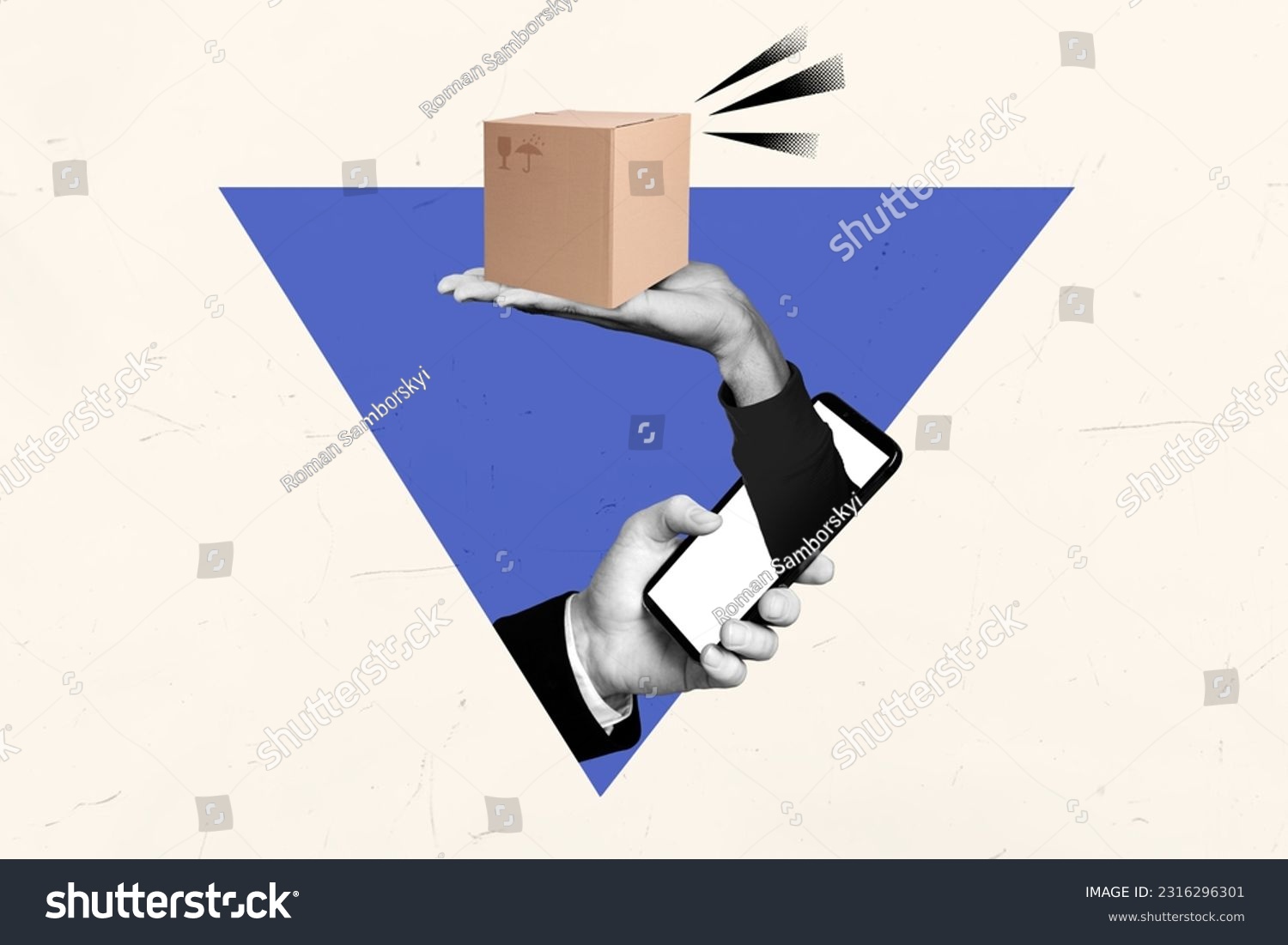 Image sketch artwork collage of man use phone make online order delivery hold carton box isolated on white color background