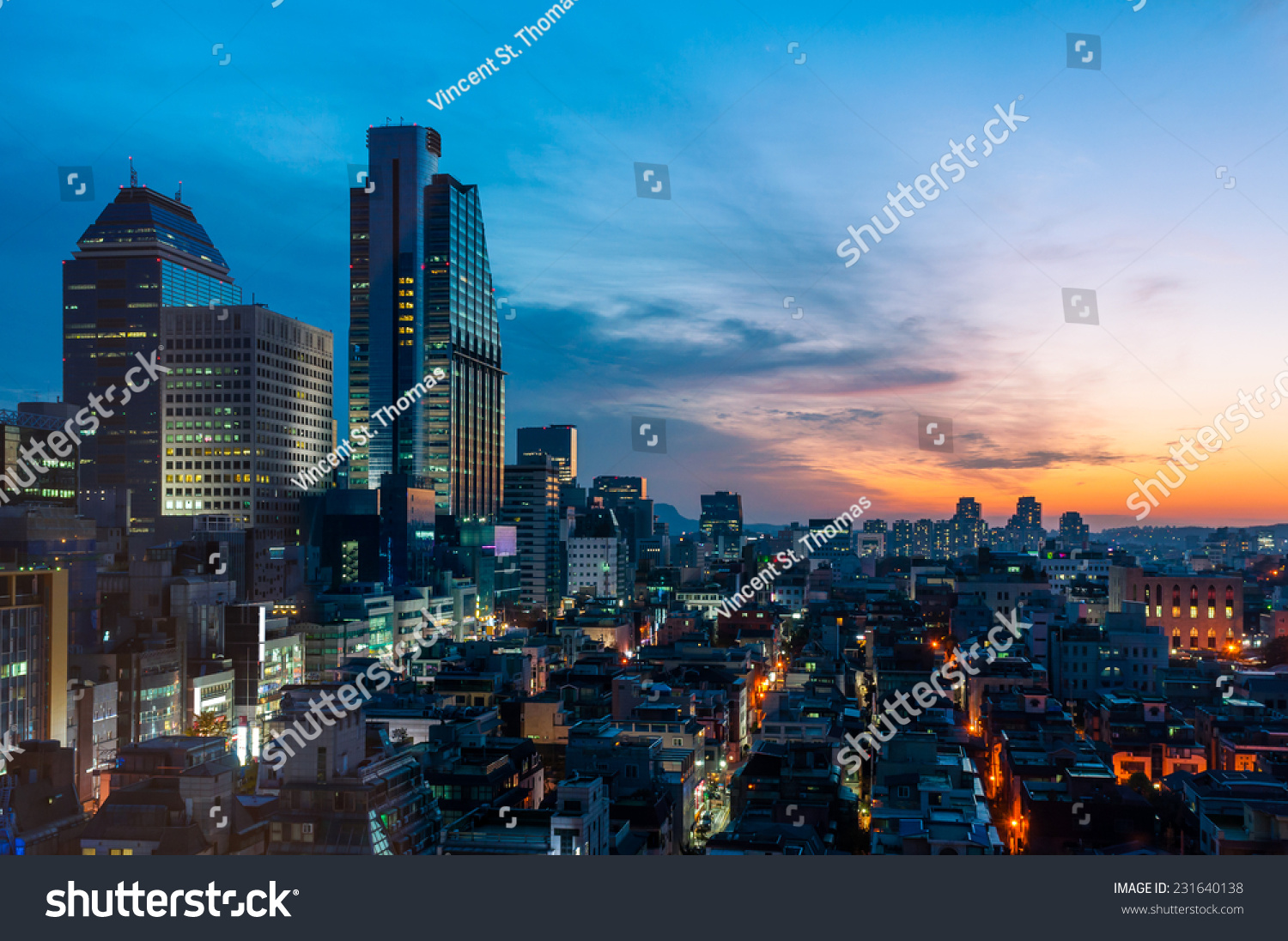 The sun sets over the Gangnam district of Seoul  South Korea.