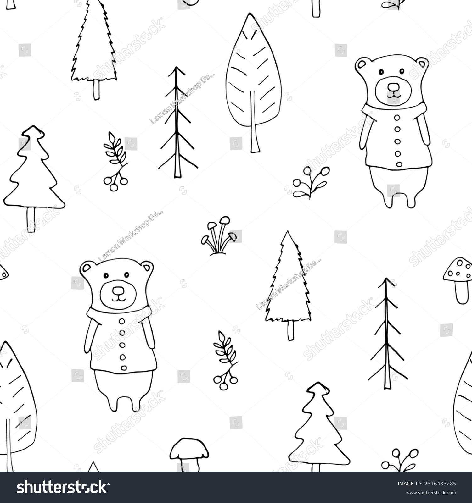 Cute bear Seamless pattern. Cartoon Animals in forest background. illustration.