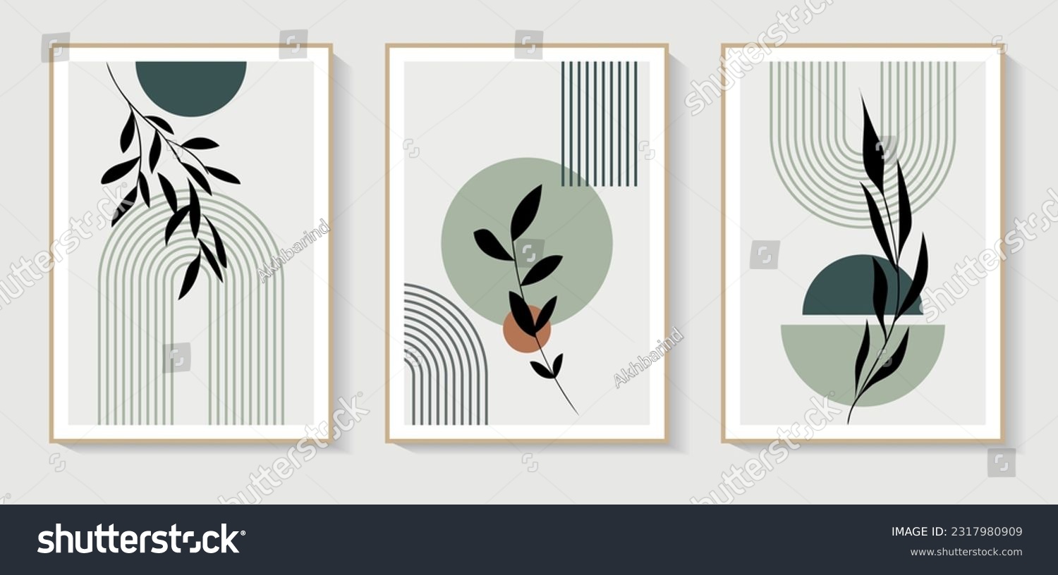 Set of 3 Minimalist wall art. Abstract geometric prints for boho aesthetic interior. Home decor wall prints  terracotta colors. Sun  rainbow and clay pots. Contemporary artistic printable vector