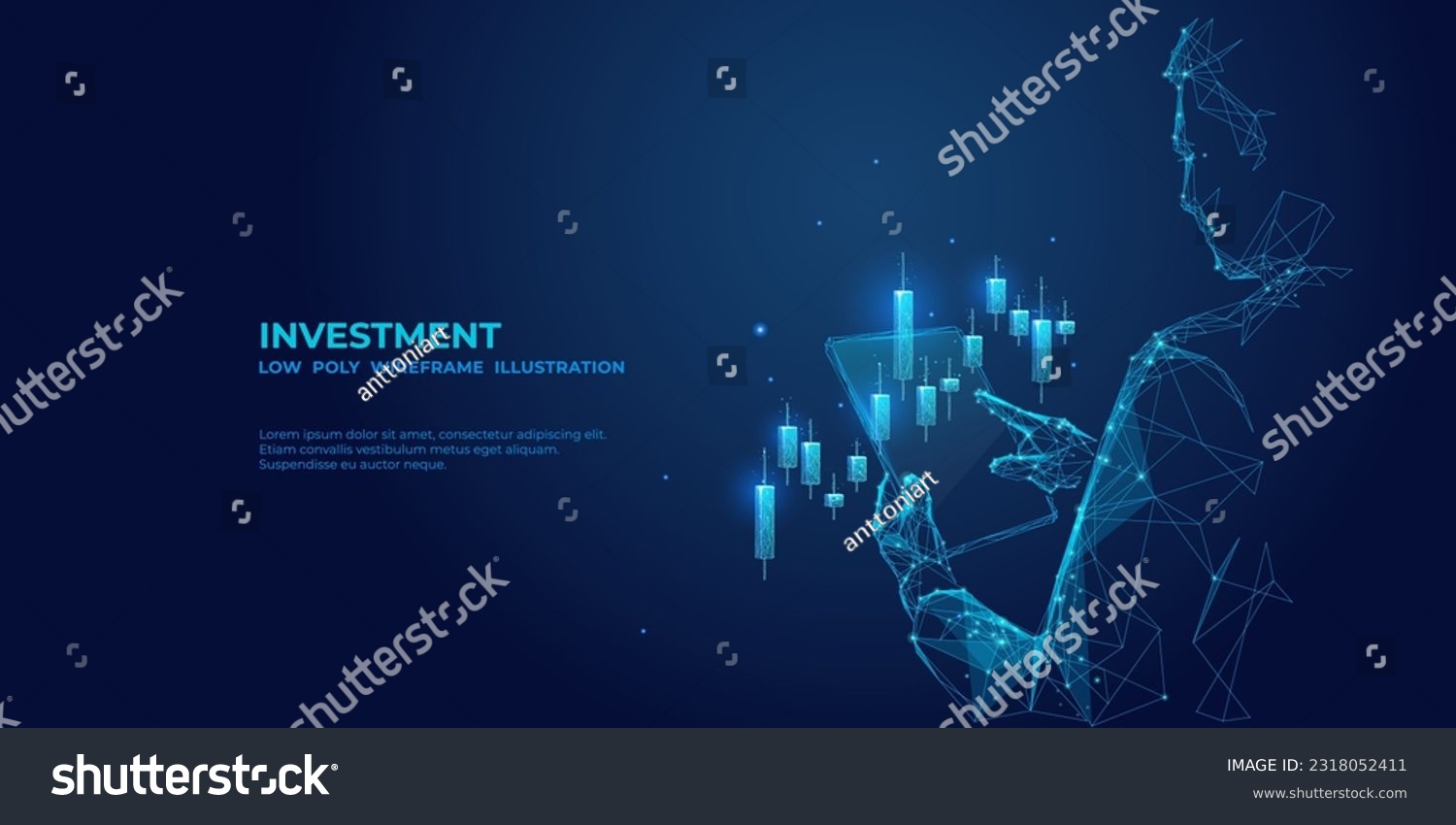 Abstract businessman is holding tablet with stock market candlestick hologram. Digital Trading or Investment concept. Futuristic low poly investor in technological blue. Vector 3D illustration.