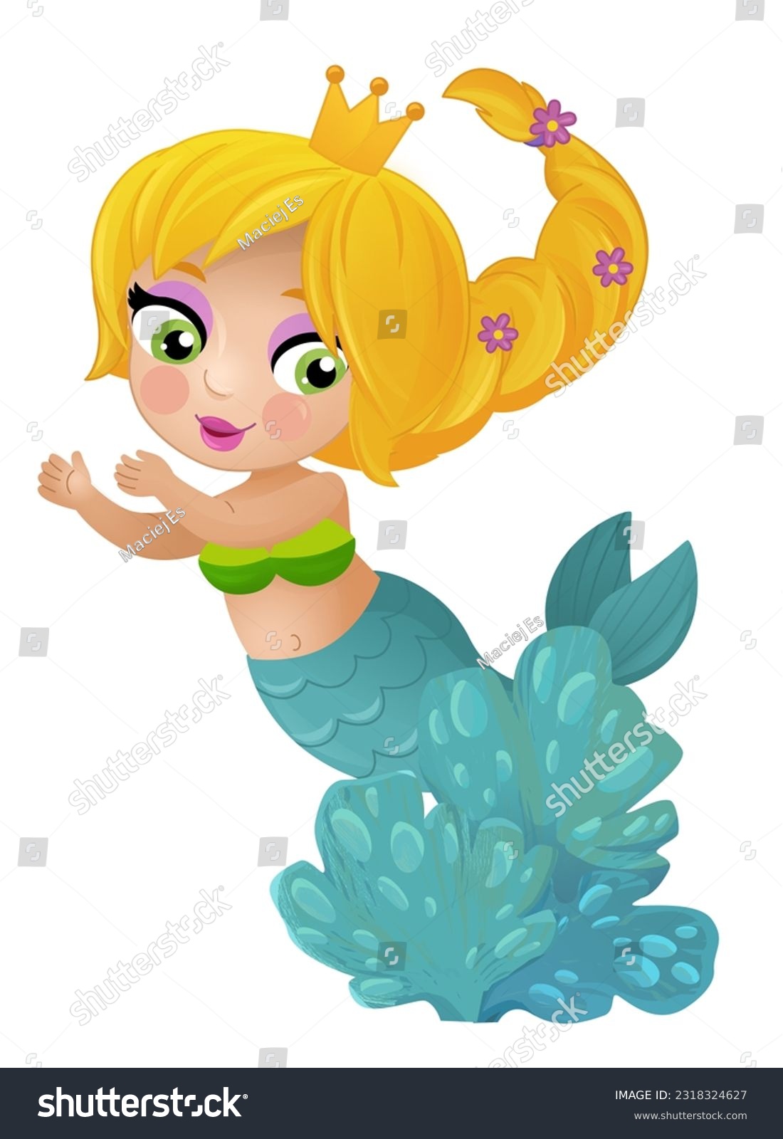 cartoon scene with mermaid princesss wimming near coral reef isolated ...