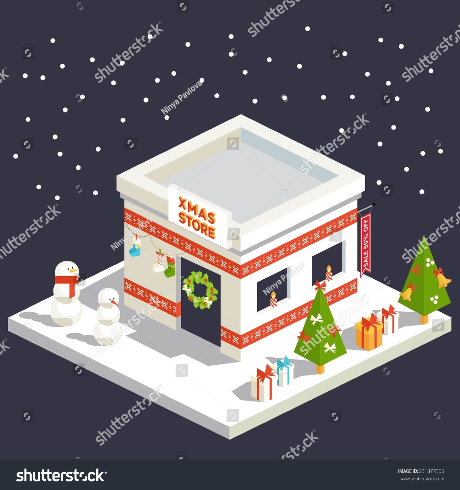 Vector isometric flat christmas store  with trees