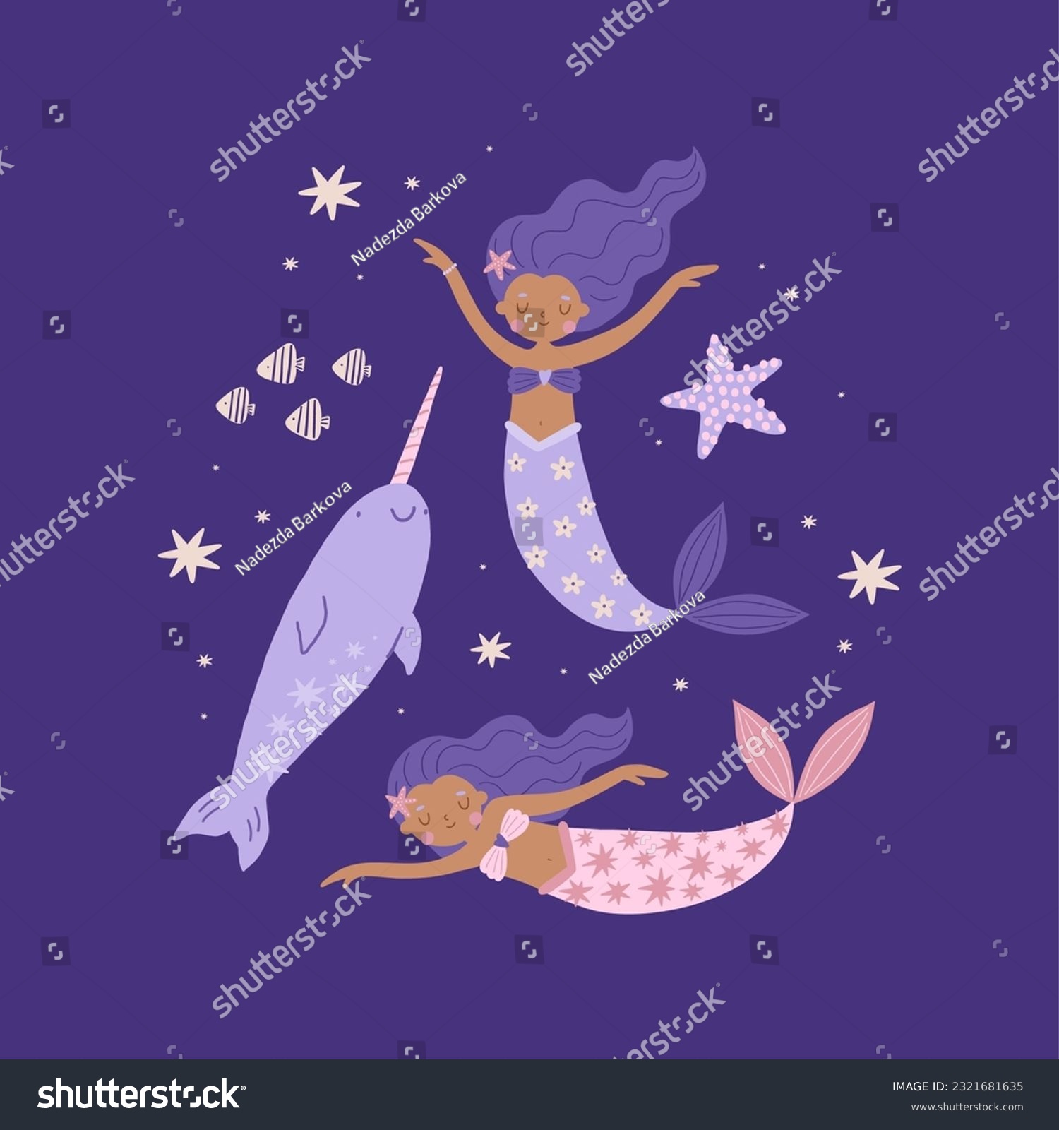 Cute cartoon magical mermaid and narwhal. Adorable fairytale ...