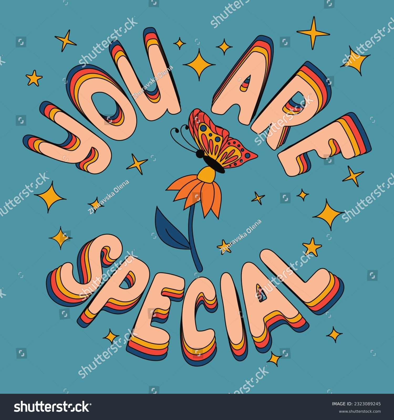 Motivating cartoon typographic composition. Isolated outline slogan You Are Special in flat 3d style. Text and daisy with butterfly on blue background with stars. Suitable for tshirt print  banner.