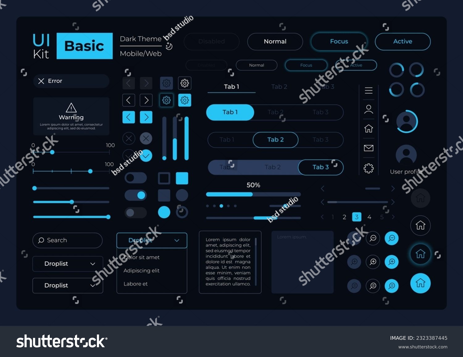 Basic system management UI elements kit. Editable isolated vector components. Navigation menu. Web design pack for mobile app  software with dark theme. Montserrat Light  Medium  Bold fonts used