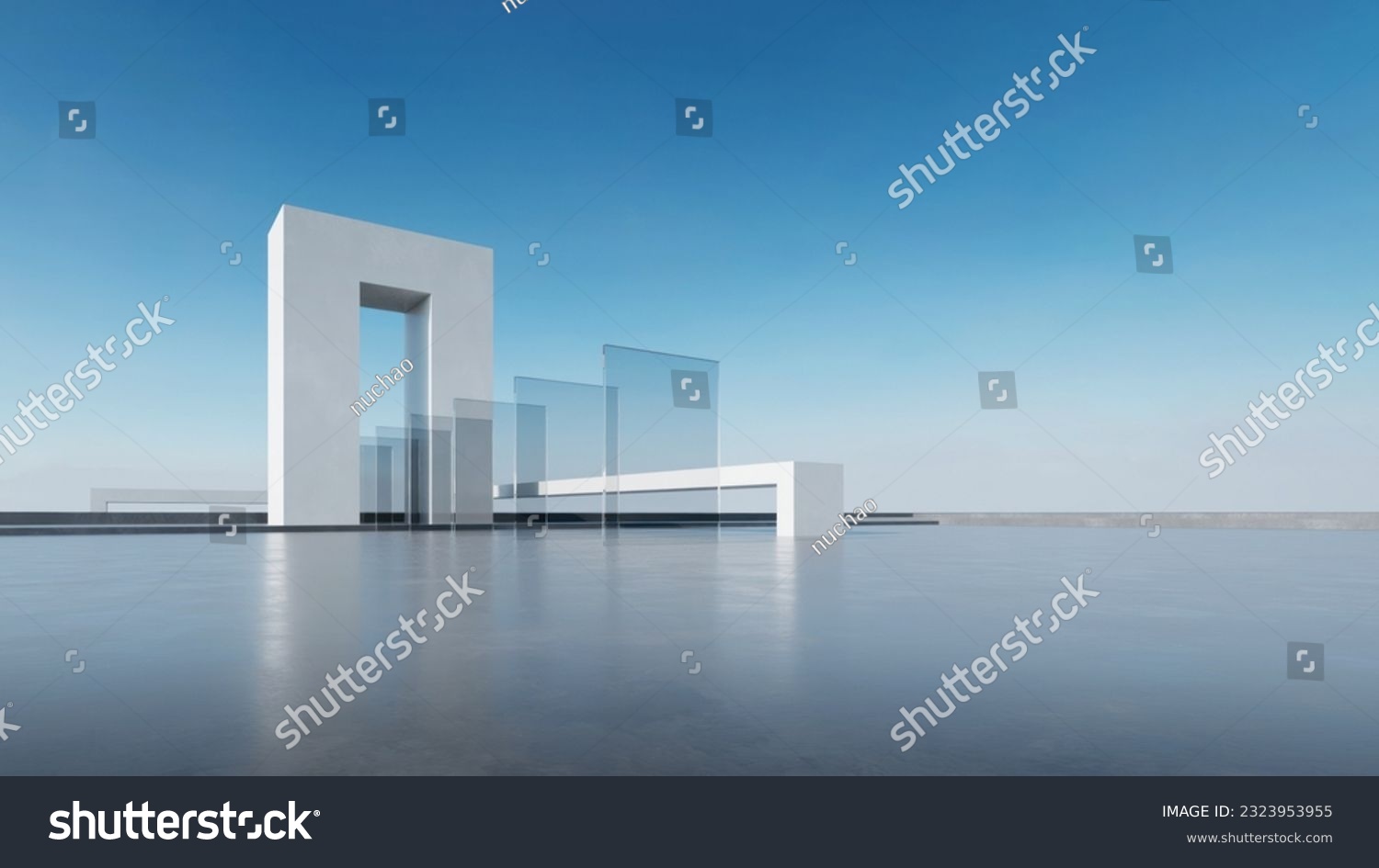 3d render of abstract futuristic glass architecture with empty concrete floor.