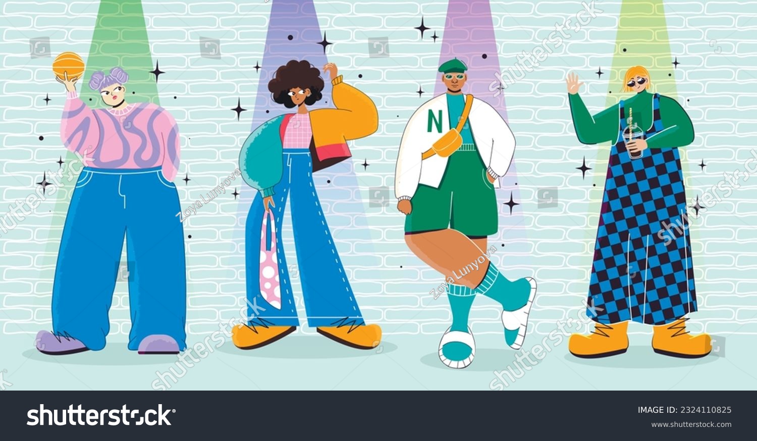 group of young people in fashionable clothes are standing together. Teenagers pose against the wall.Cartoony Gen Z Fahion