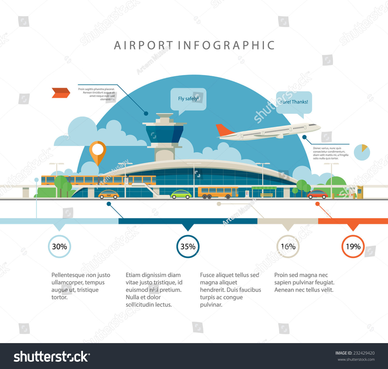 Cool detailed flat vector airport with infographic elements templates. Different transport types in front of the main terminal. EPS10 vector illustration.