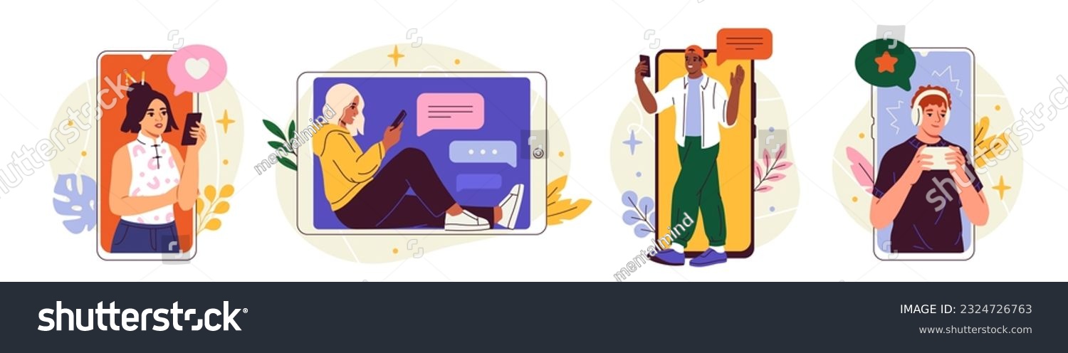 People use smart phones set. Young characters communicate at video call  texting  listening to music in apps and social media. Teenagers send messages. Cartoon flat vector isolated on white background
