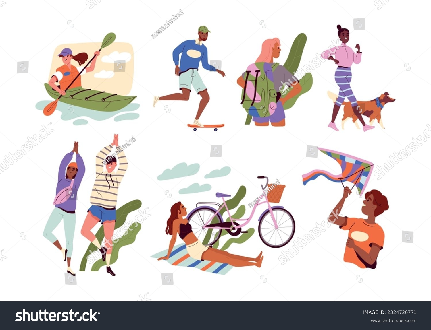 Summer outdoor activities set. Young people have fun and do yoga  go boating and skating  cycling and walking dog. Happy characters resting. Cartoon flat vector collection isolated on white background