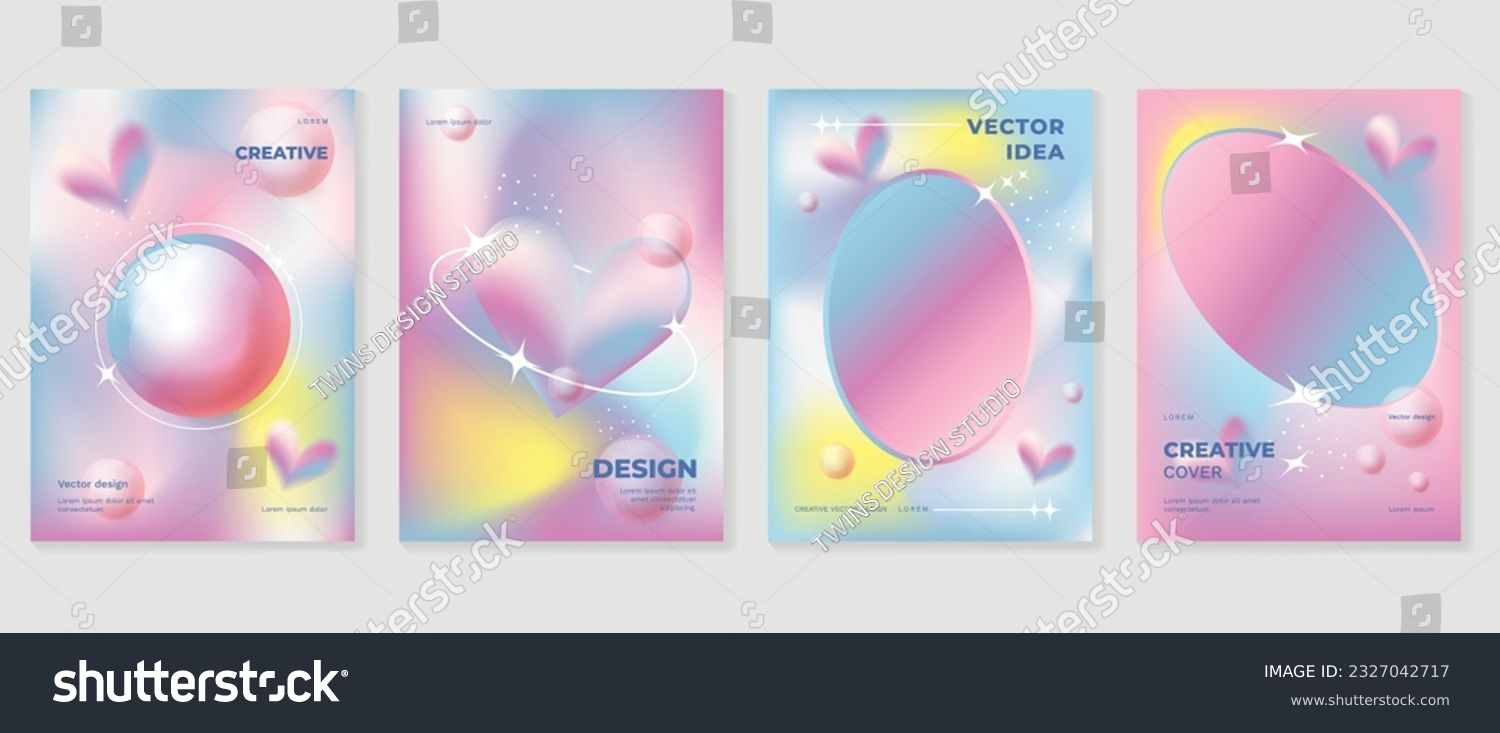 Idol lover posters set. Cute gradient holographic background vector with pastel colors  3d heart  bubble  sparkle  circle. Y2k trendy wallpaper design for social media  cards  banner  flyer  brochure.