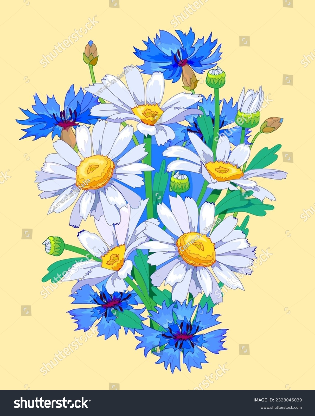 Beautiful summer bouquet with daisies and cornflowers. Background with decorative floral motifs. Luxury print for greeting card  poster  mural wallpaper  invitation  fashion. Flat vector drawing.