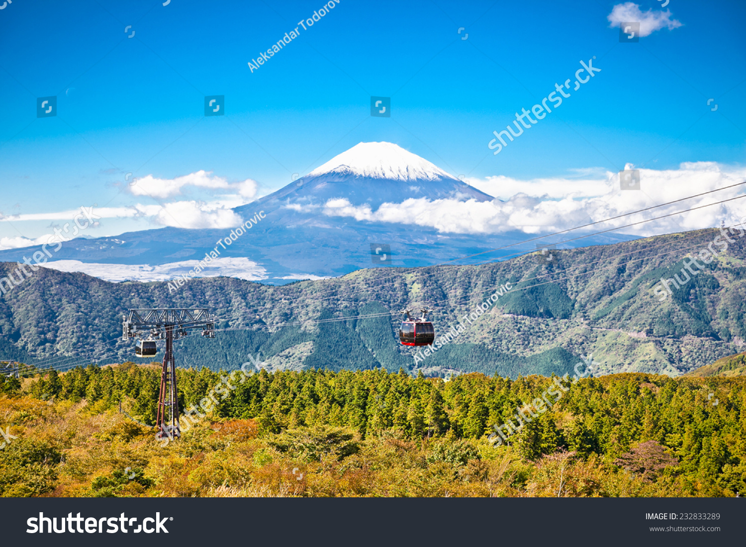 Ropeway and view of Mountain Fuji from Owakudani  Hakone. Japan.