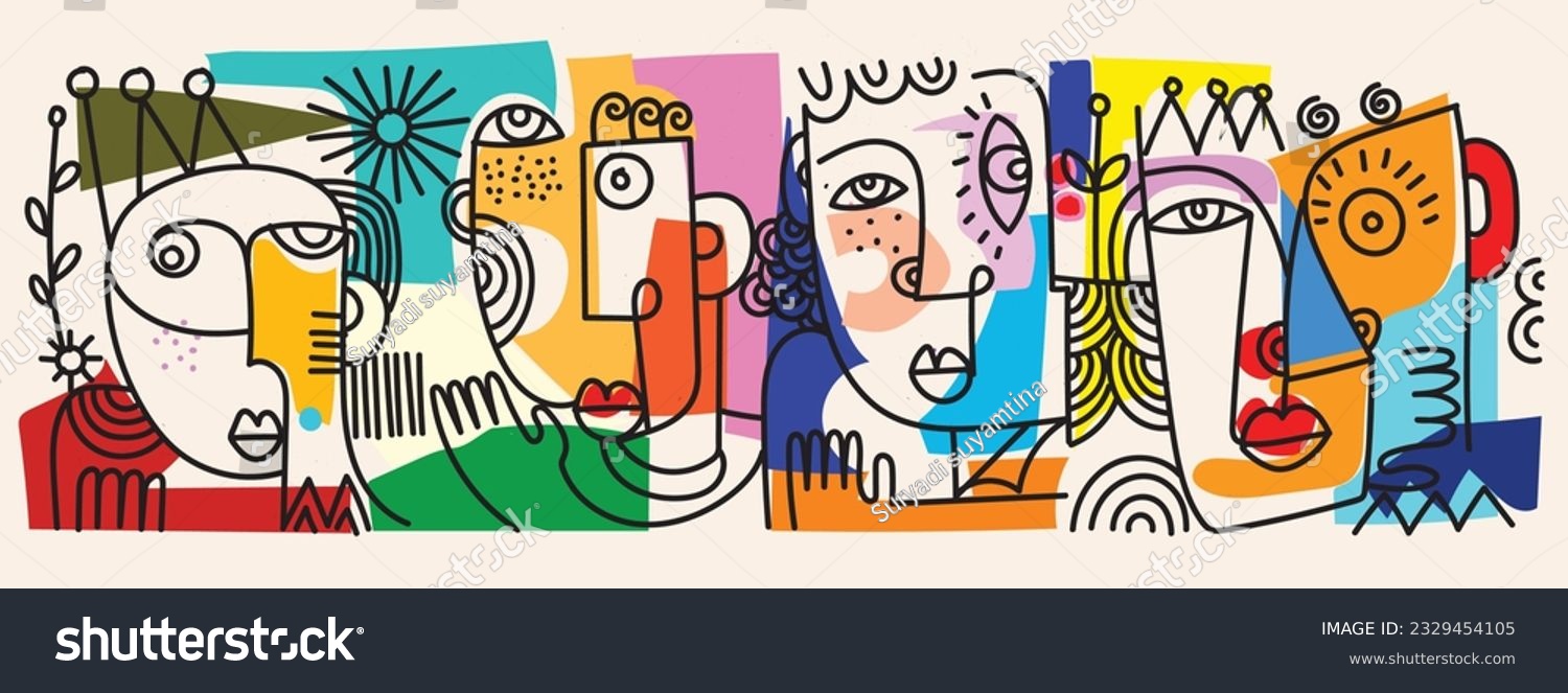 Abstract fine art vector portrait of people face illustration. Line  colorful  design for wall art  poster  card  home decoration and prints.