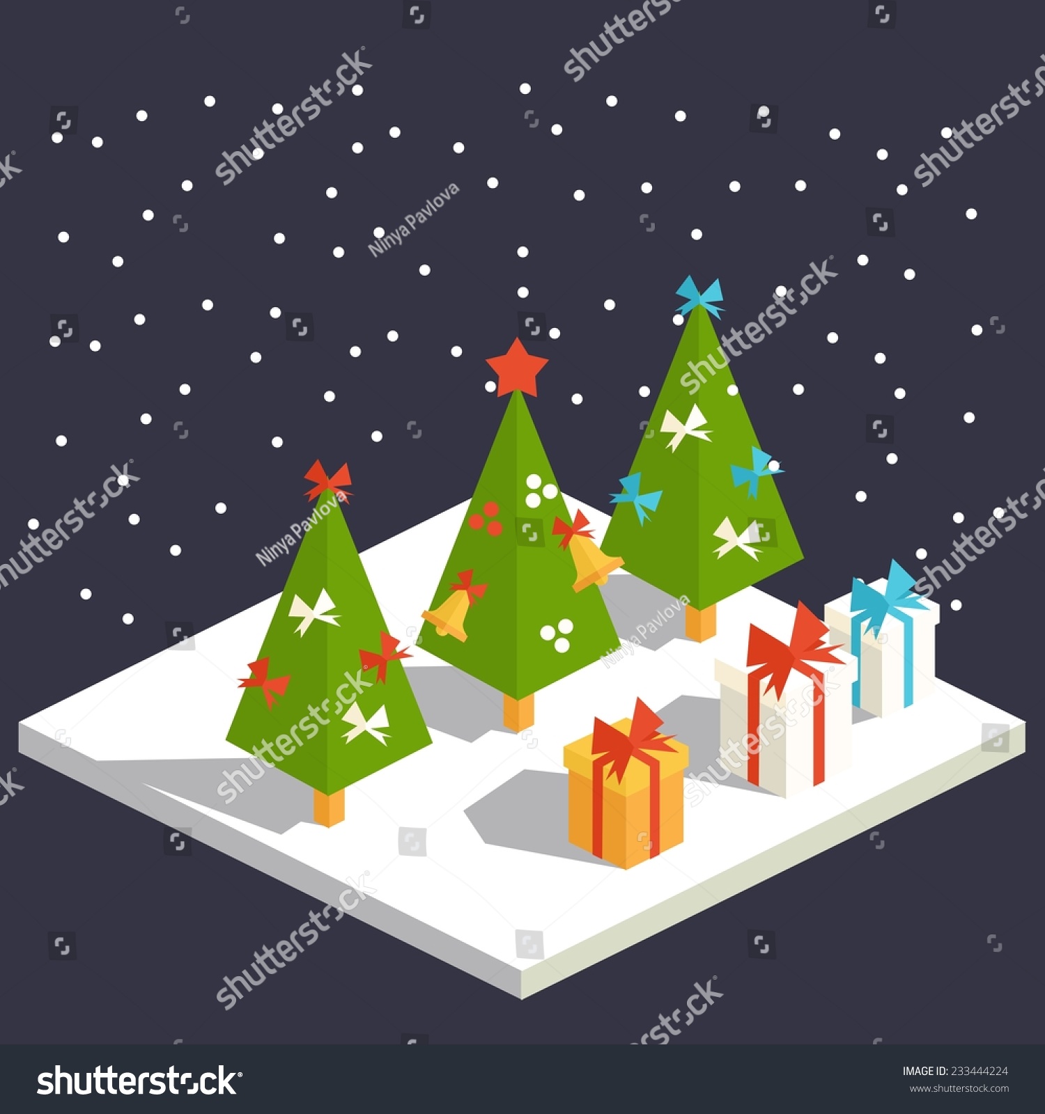 Vector isometric flat christmas icon with trees and gifts
