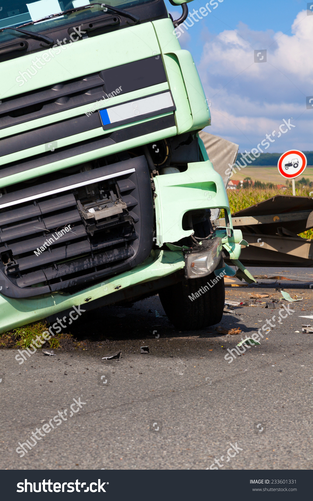 a view of truck on an highway in an accident