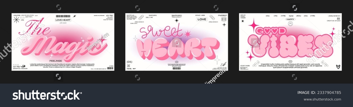 Y2K posters in a retro futuristic pink style with gradient. Cute fluffy style elements for 90s design. Printable vector banner collection
