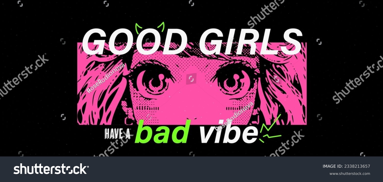 Print design with a portrait of a girl in anime style. Pixel retro art. trendy acid colors with doodles. Vector illustration