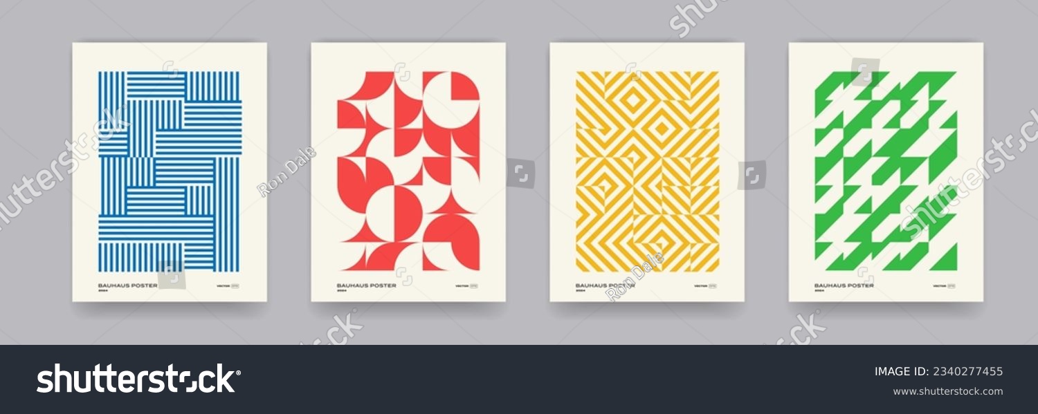 Retro geometric pattern background  vector abstract circle  triangle and square lines art. Yellow  blue  red and green color  trendy bauhaus pattern backgrounds set