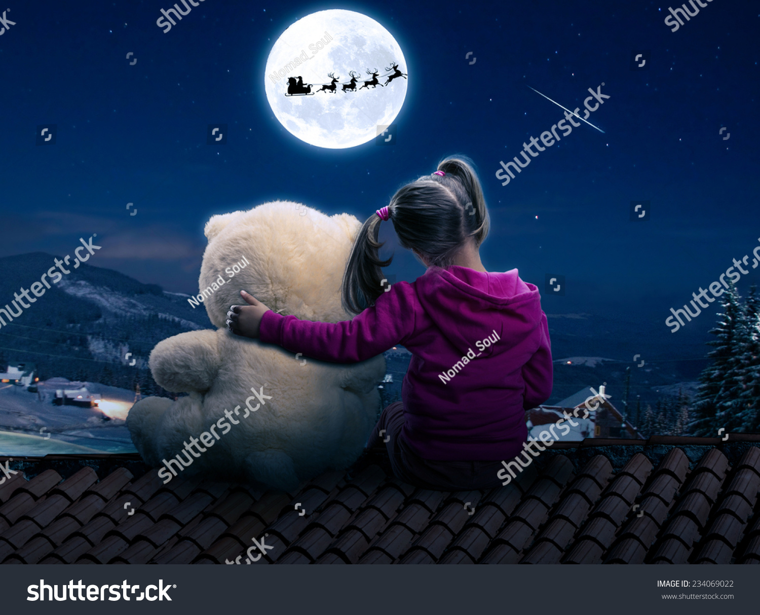 Small cute girl sitting on the roof with toy bear