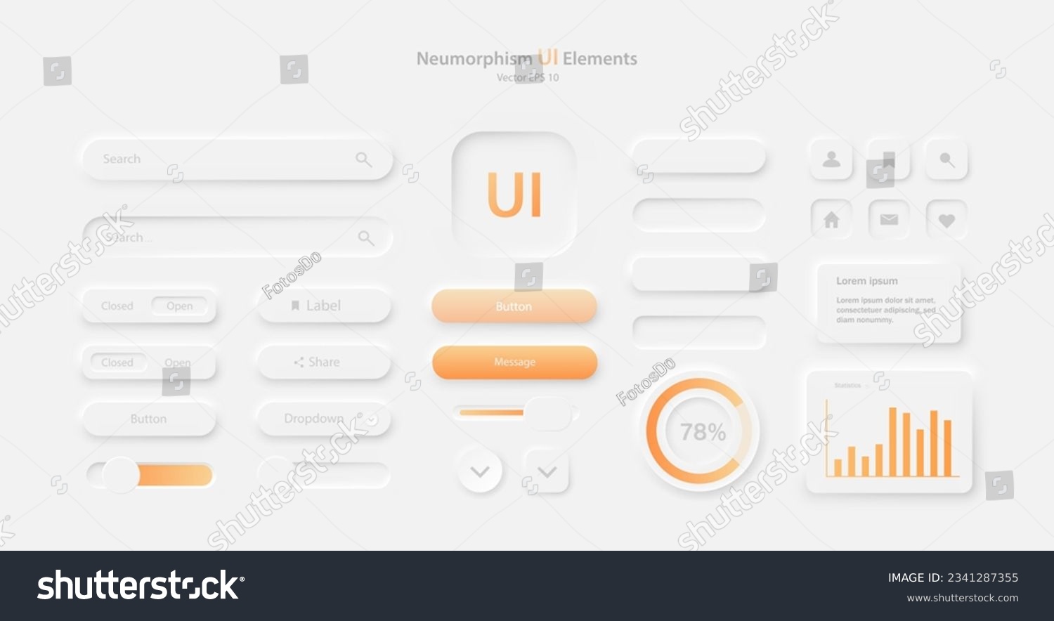 A set of user interface elements for a mobile application. A collection of icons for user interface development in white and orange. Buttons for mobile devices in the style of neumorphism  UI  UX