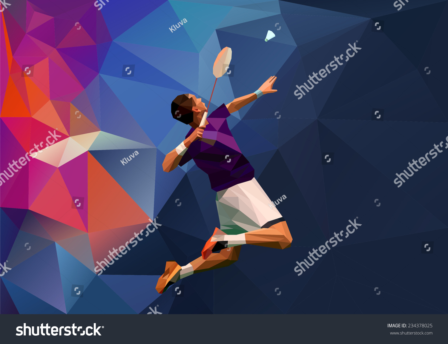 Vector abstract triangle polygon style male badminton player doing smash shot with space for poster  web  leaflet  magazine
