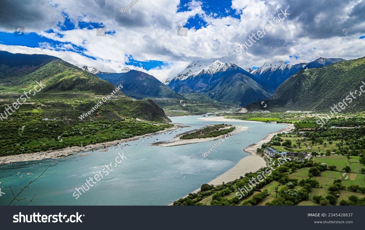 A beautiful view of Yarlung Zangbo River in Tibet China with mountains in the background