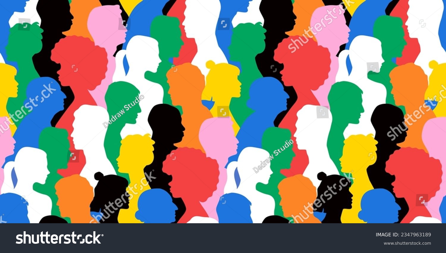 Colorful diverse people crowd abstract art seamless pattern. Multi-ethnic community  big cultural diversity group background illustration in bright colors.