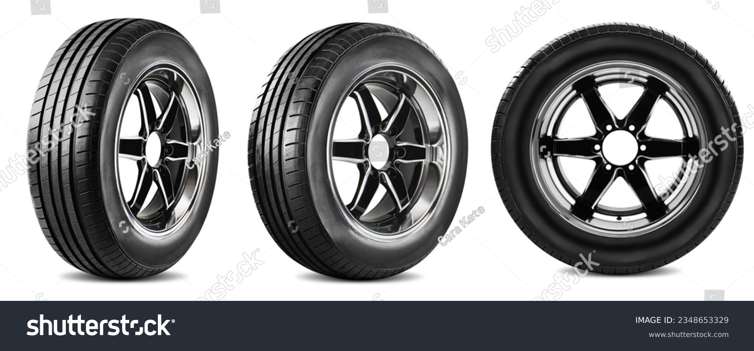 Wheel car Car tire Aluminum wheels sport wheel and tire Modern wheel rim racing wheel and tire side view isolated on white background.