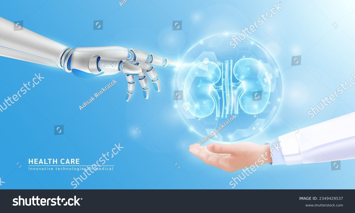 Innovative technologies in medical health care futuristic. Robot hand AI artificial intelligence assistance touch organ human kidney virtual simulation in doctor hand. Realistic 3D Vector EPS10.