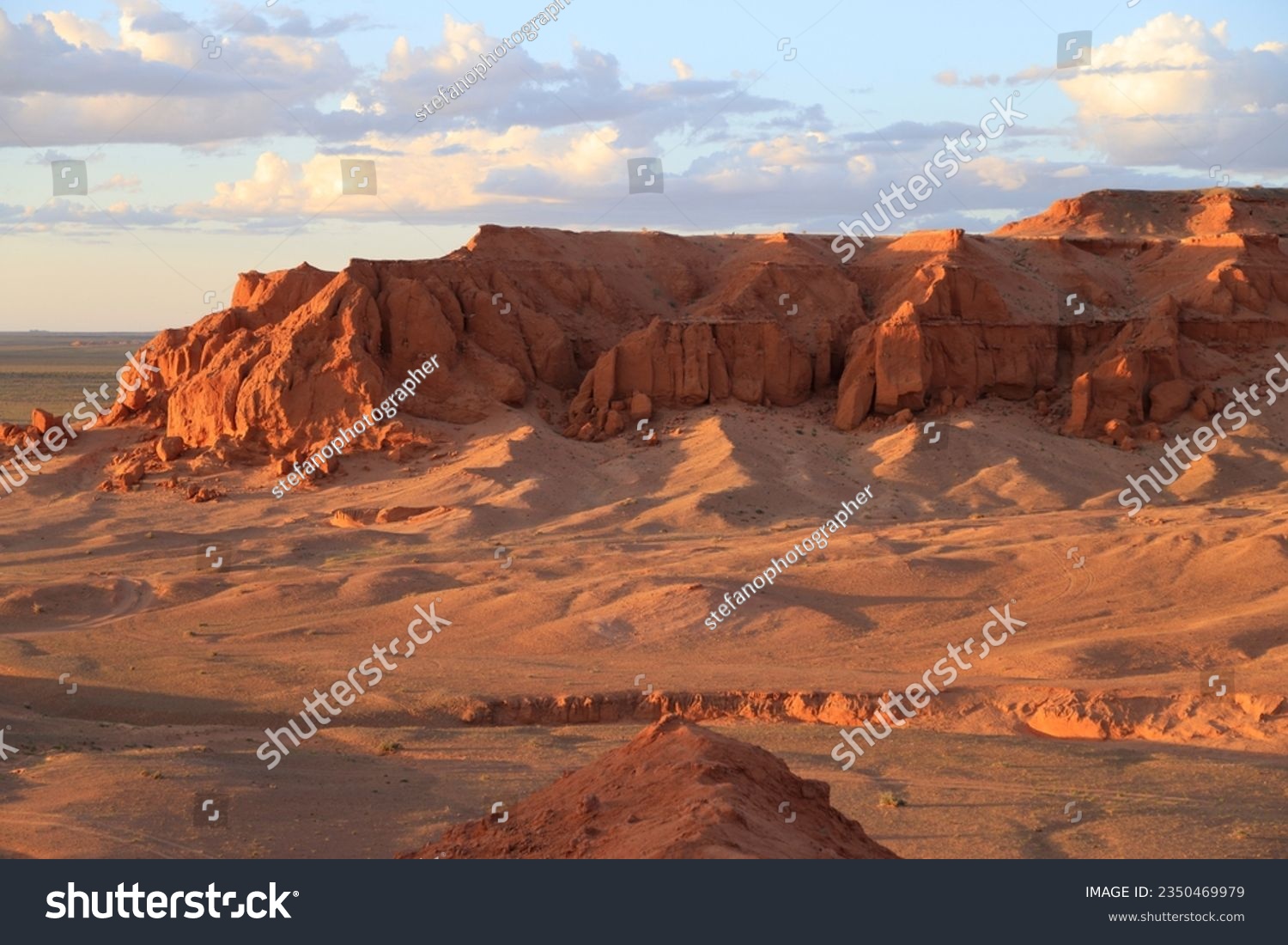 The rock formations of Bayanzag flaming cliff at sunset  Mongolia